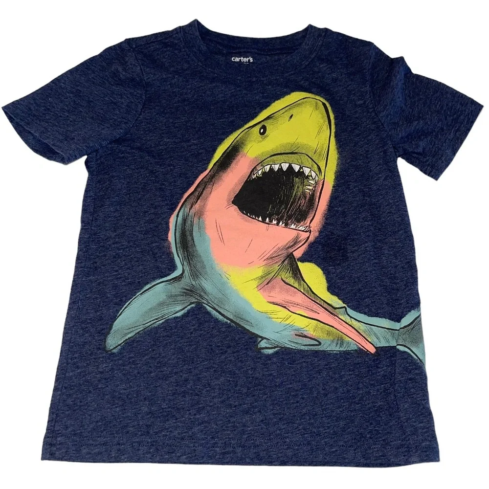 Carter's Boys Navy Blue Multicolor Shark‎ Shirt Size 7 EUC